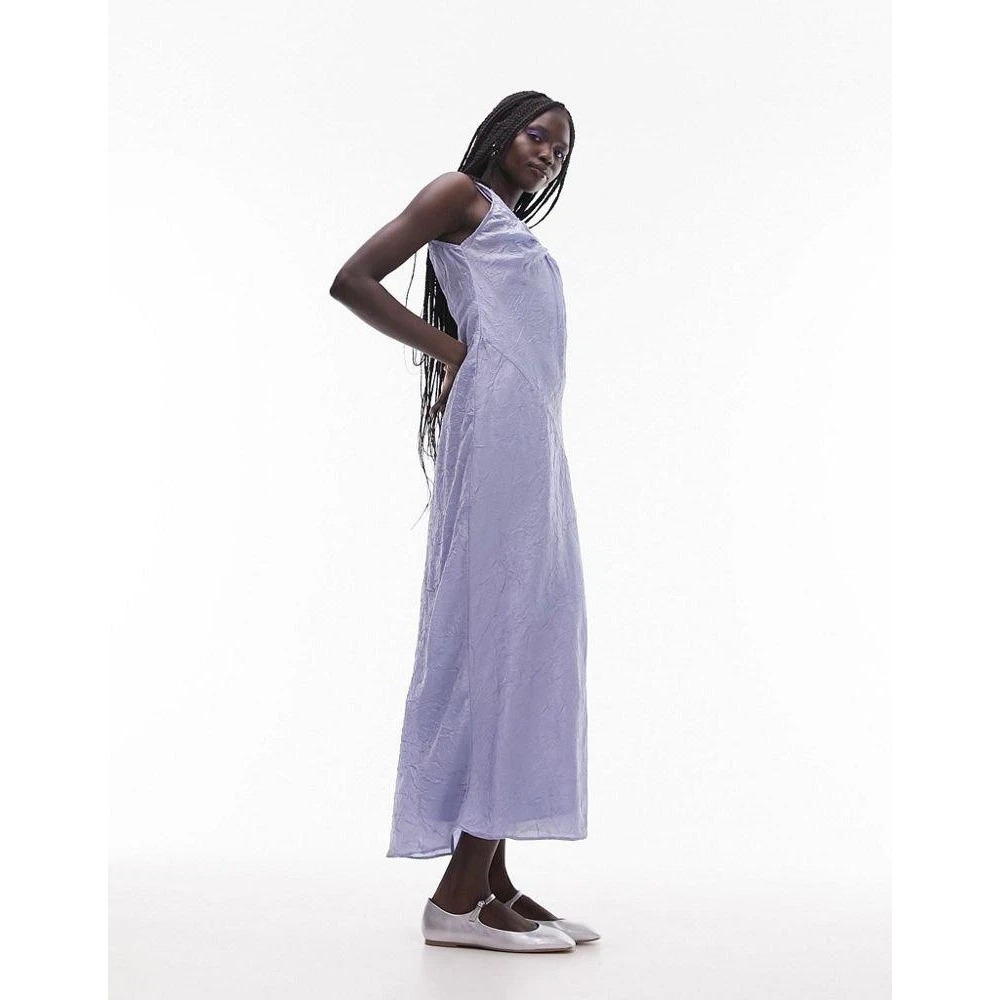 Topshop Women's Blue Viscose Crinkle Maxi Dress Sleeveless Scoop Neck Size 8